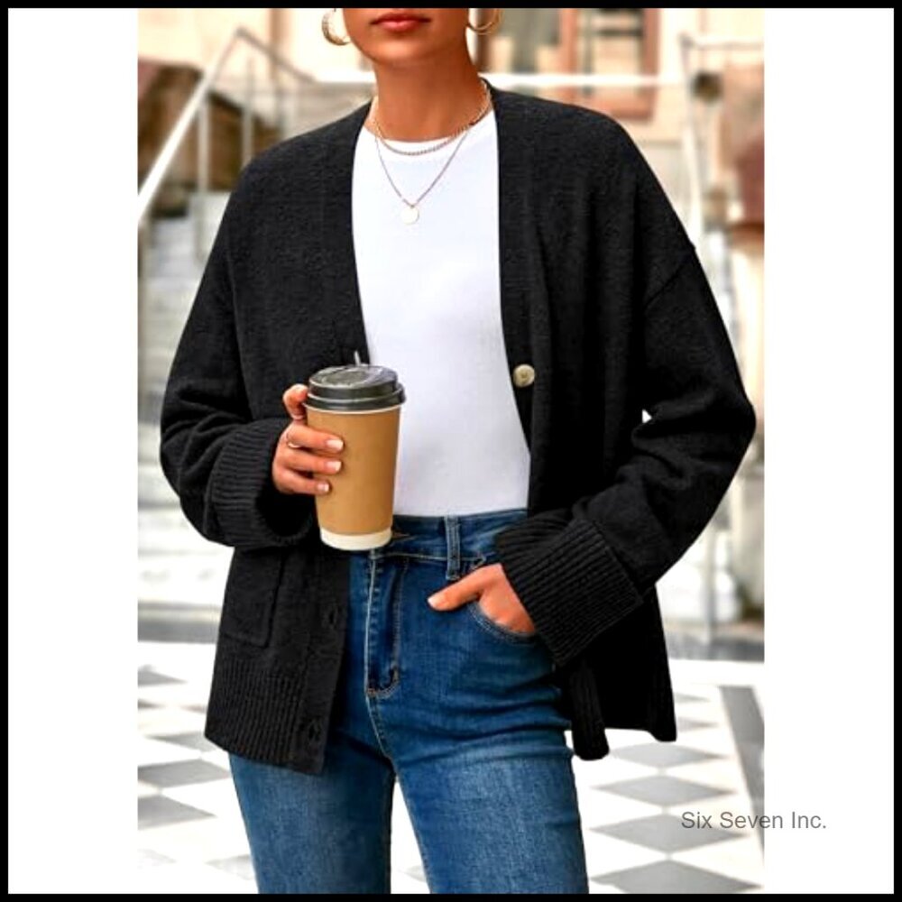 Oversized Chunky Knit Cardigan V Neck Button Down Drop Shoulder Pockets - Picture 5 of 7
